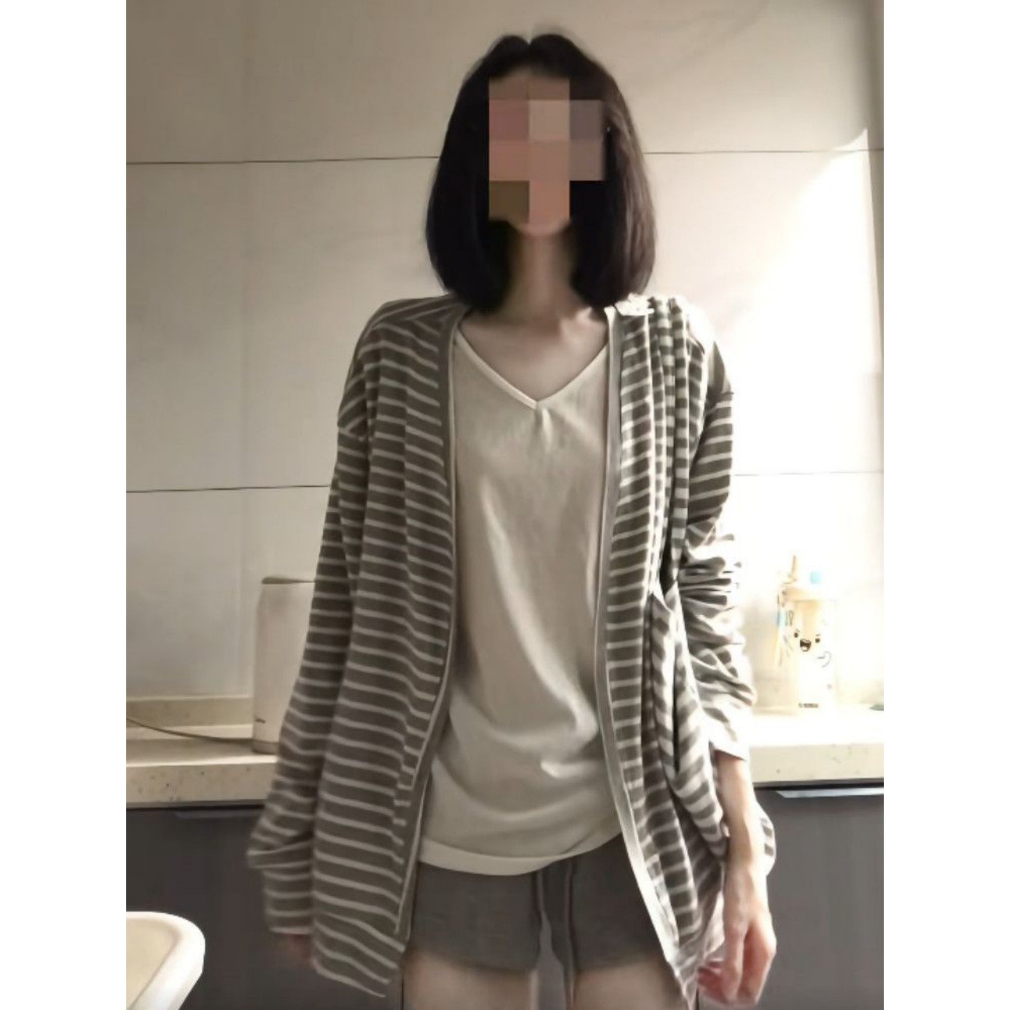 zj817【官图 原版色织条】韩系慵懒灰色条纹长袖防晒开衫外