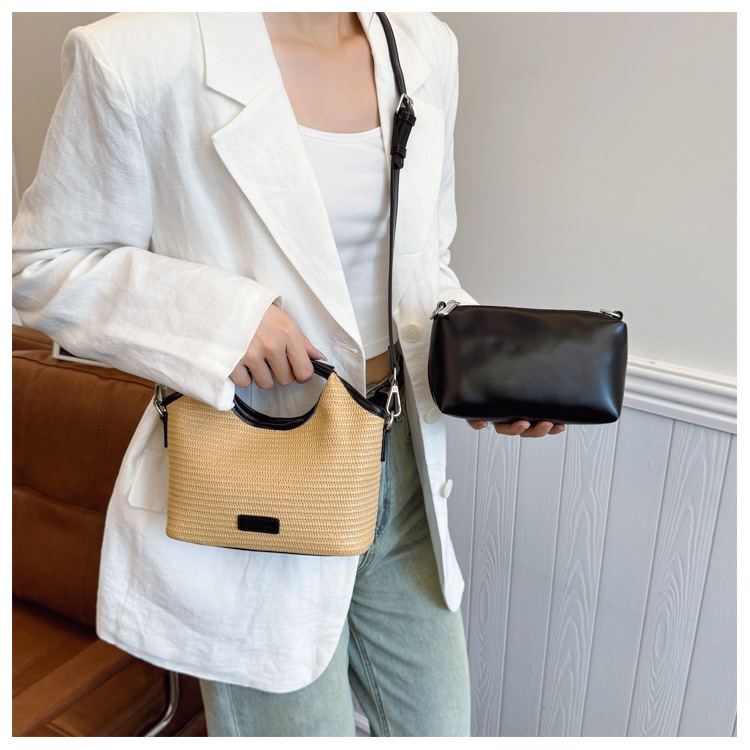 Fashionable bucket bag for women 2025 Summer new style work and commuting patchwork woven bag, simple and casual single-shoulder small bag, trendy undefined