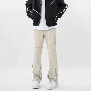 美式牛仔裤男水洗做旧复古黄泥染微喇裤夏季潮牌高街宽松直筒裤子