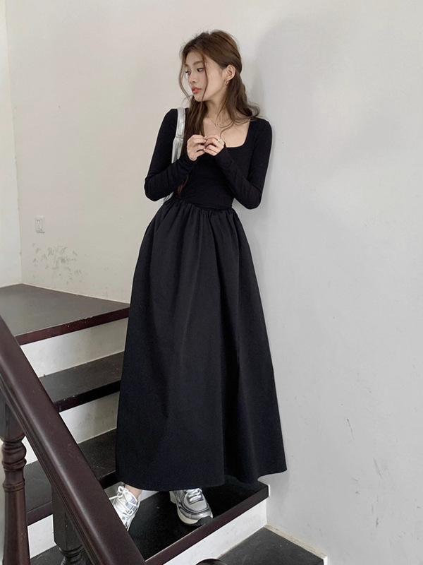 针织连衣裙女2025秋冬新款方领法式气质收腰显瘦大摆长袖长裙子|undefined