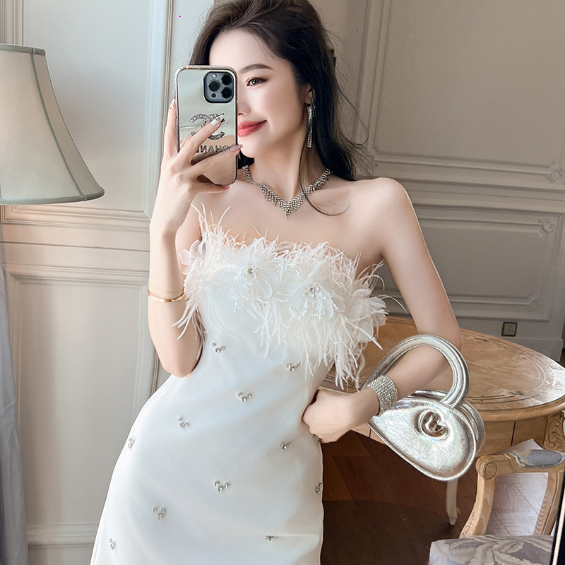 2026 Summer New Style Celebrity Fur-Embellished Diamond-Encrusted White Dress Birthday Party Dress for Women 20622