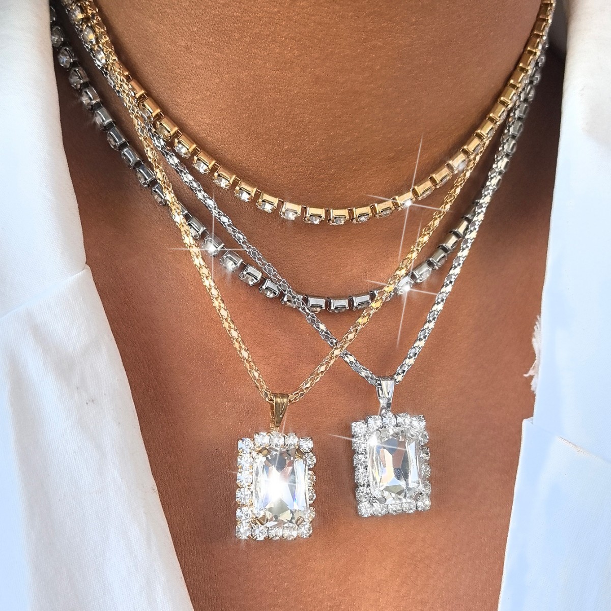 16g Weight Iron Pendant Material Retro Rectangle Rhinestones Iron Tennis Chain Pendant Necklaces Wholesale