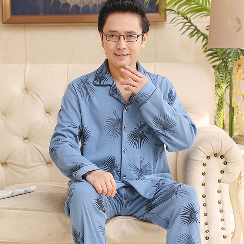 Pajama de mediana edad hombre primavera y otoño manga larga cardigán hombre de mediana edad set de ropa para el hogar