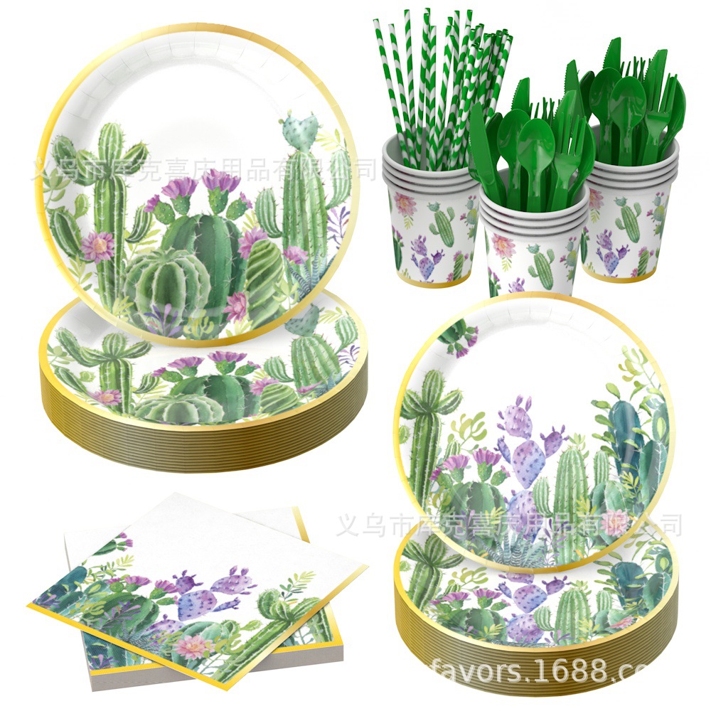 Nuevo cactus de verano, bandeja de papel carnoso, taza de papel, juego de vajilla de toallas de papel, artículos de decoración de fiesta mexicana