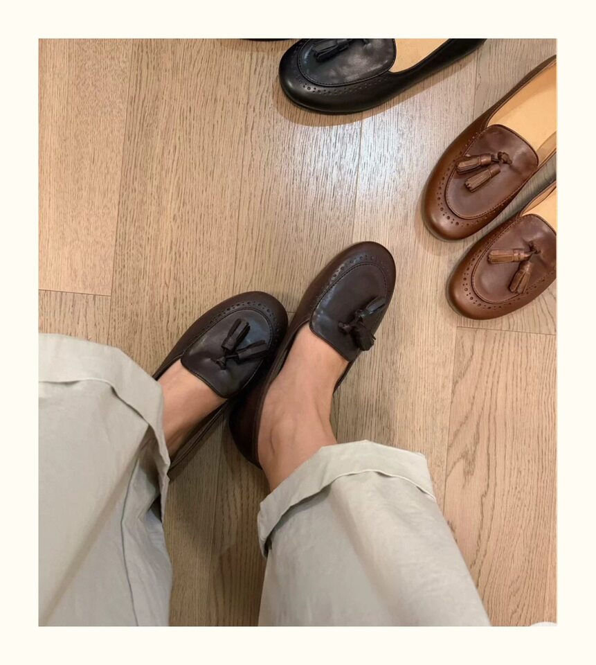 Giày lười nữ da bò mũi tròn tua rua cổ thấp đế bệt — Màu nâu, Màu nâu cà phê, màu đen chi tiết 10