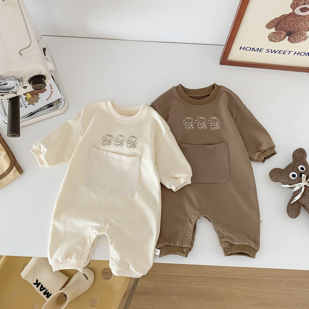 Ins baby onesie spring summer winter solid color cartoon crawl suit newborn long-sleeve tunic for boys and girls trendy outfit