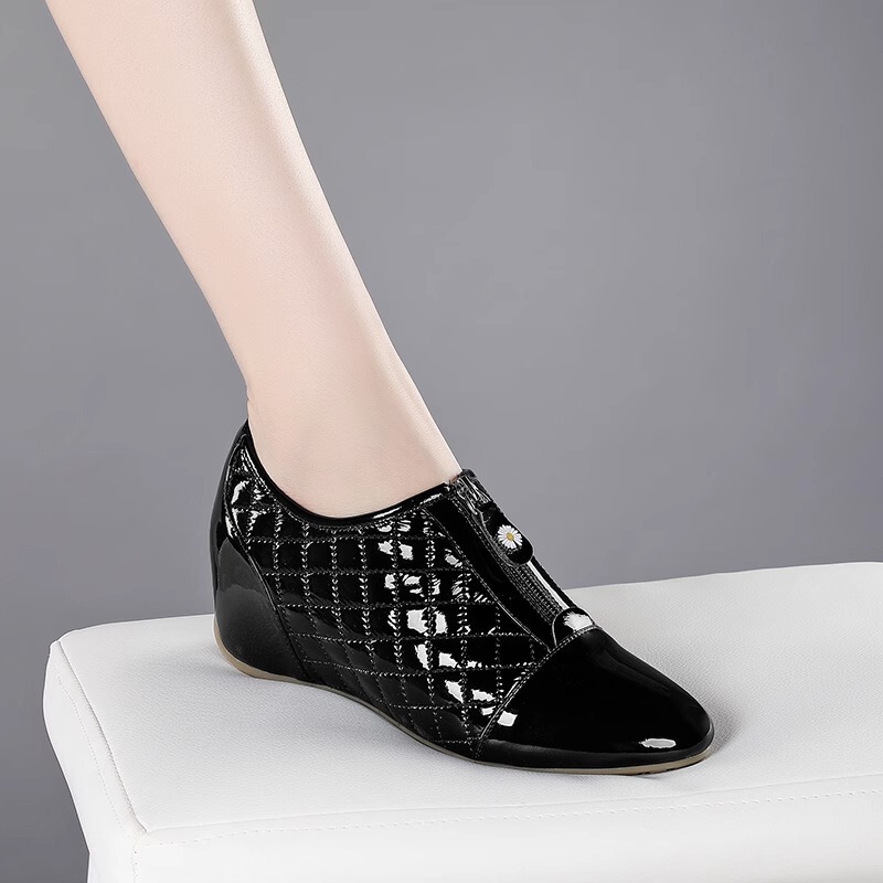 Women's hidden heel leather shoes all-match fashionable patent leather soft wedge shoes all-match round toe comfortable lace-up mom shoes