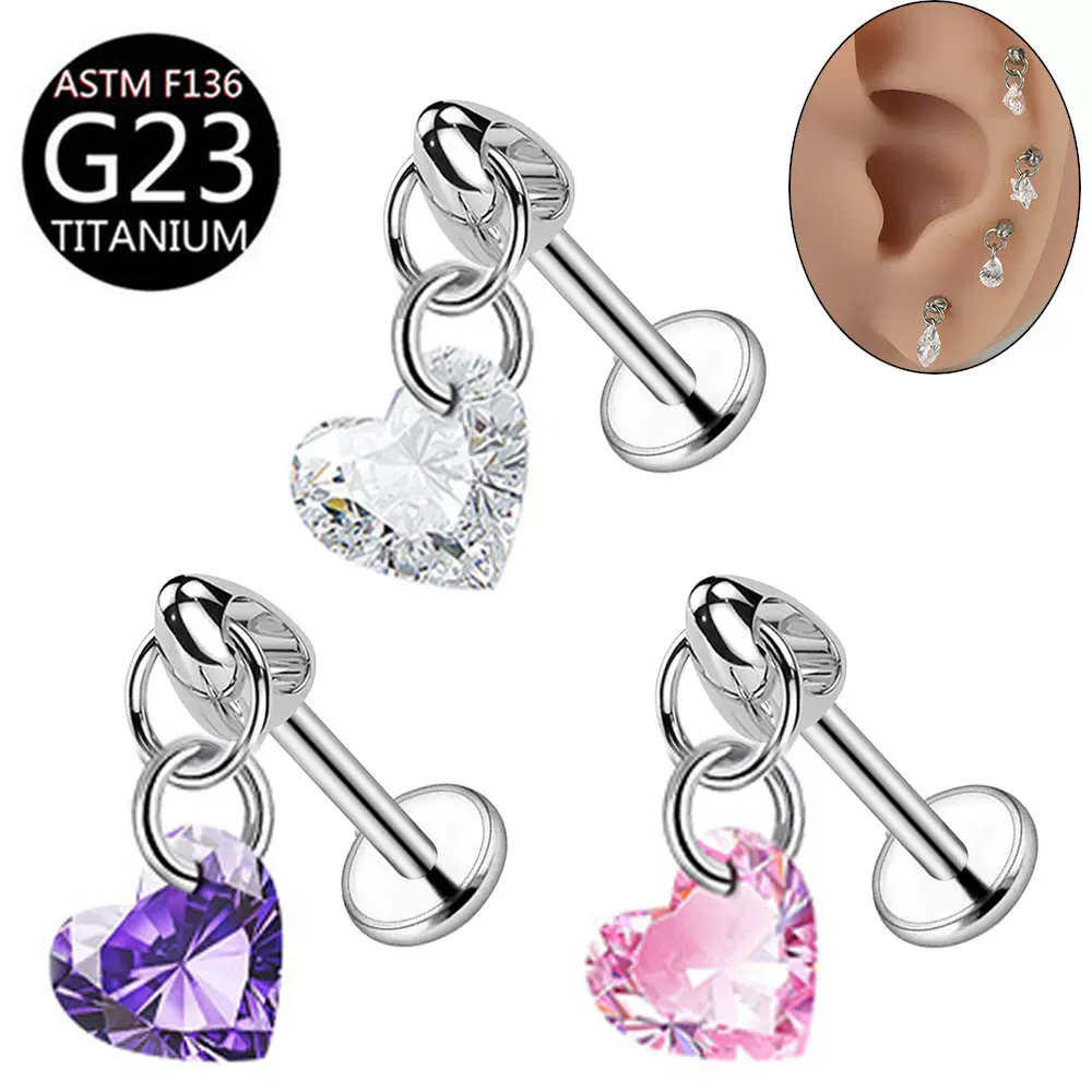 G23钛合金锆石耳钉唇钉穿刺饰品0.9牙口内螺纹子弹头超闪锆石骨钉