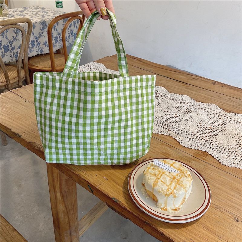 010271 Literary and Fresh Satchel Lunch Bag Japanese Style Plaid Cotton and Linen Satchel Small Bag Walking Cloth Bag