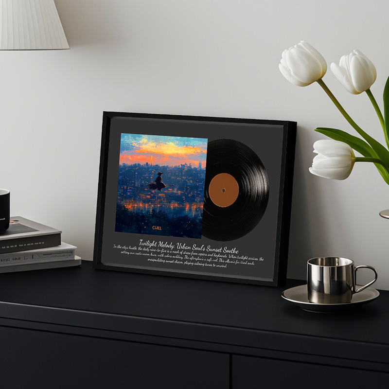 黒盤レコード風高級アルミ合金音楽フォトフレーム壁掛け絵画、リビング・ダイニングルーム用、高級感のある寝室・部屋用アート装飾画|undefined