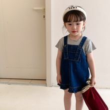 韩国2023夏装新款女童牛仔背心裙时尚荷叶边公主裙全棉T恤两件套