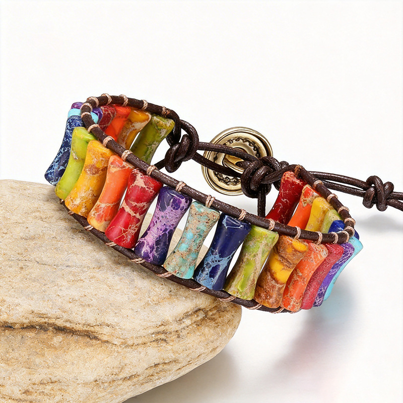 Amazon Bestseller Colorful Bamboo Emperor Stone Bracelet Bohemian Style Handwoven Leather Wrap Bracelet