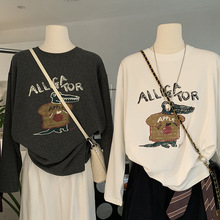 欧玛莱 鳄鱼印花圆领云朵绒长袖宽松T恤2025秋季新款打底衫女5016