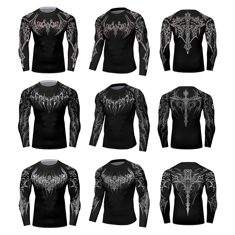European and American Printed Men's Fitness Long-Sleeved Sports Elastic Quick-Drying Cycling Long-Sleeved Shirts
