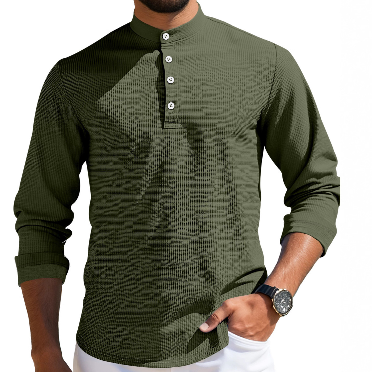 Monochrome Man- Summer Half-Sleeve Waffle Casual Business Loose Stand Collar Button Polo Shirt For Men_voghion.com