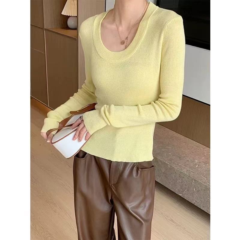 가을과 겨울 긴소매 U넥 솔리드 컬러 하이 엔드 미니멀리스트 한국식 풀오버 스웨터베이스 간단한 긴팔 탑