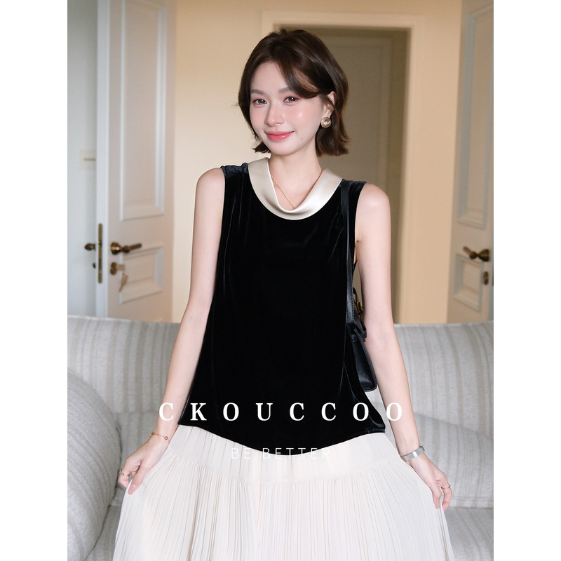 Rongtai cool-toned matte black contrast color stacked collar silk velvet shirt for women, sleeveless, loose-fitting, draping mulberry silk top Rongtai cool-toned matte black contrast color stacked collar silk velvet shirt for women, sleeveless, loose-fitting, draping mulberry silk top