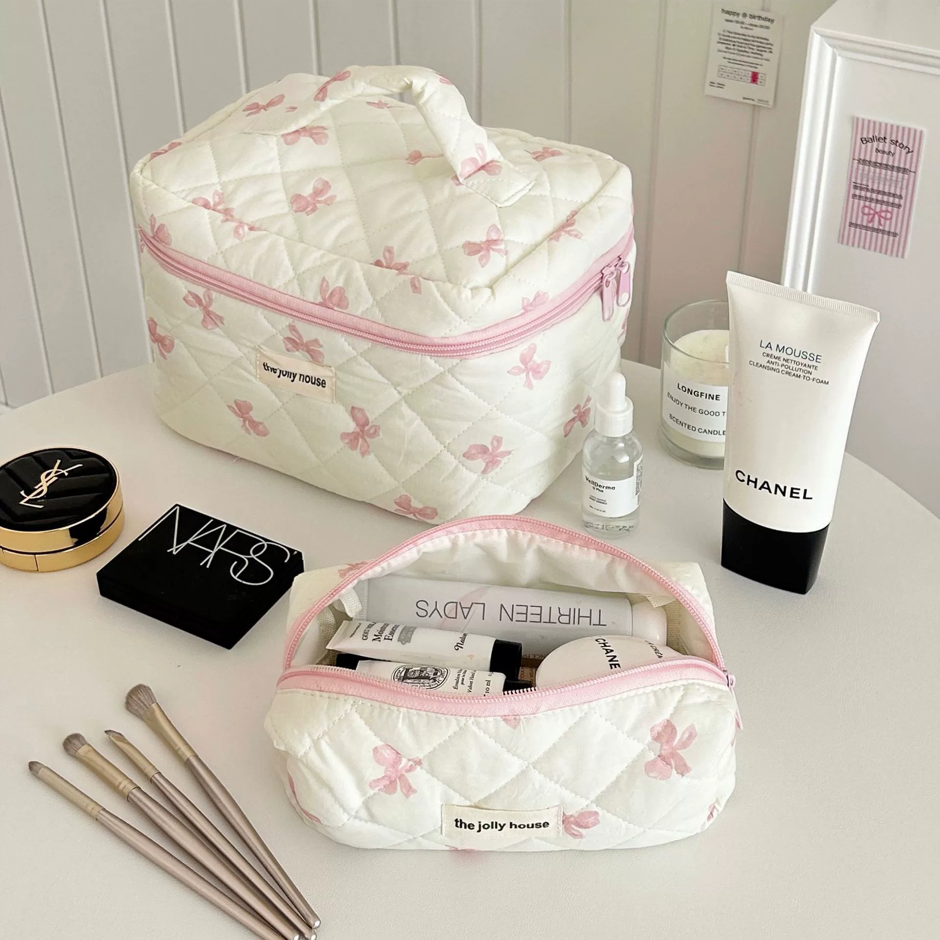 Handheld Cosmetic Bag, Korean Style Bow Organizer, Cotton, Multiple Sizes (Small/Medium/Large)
