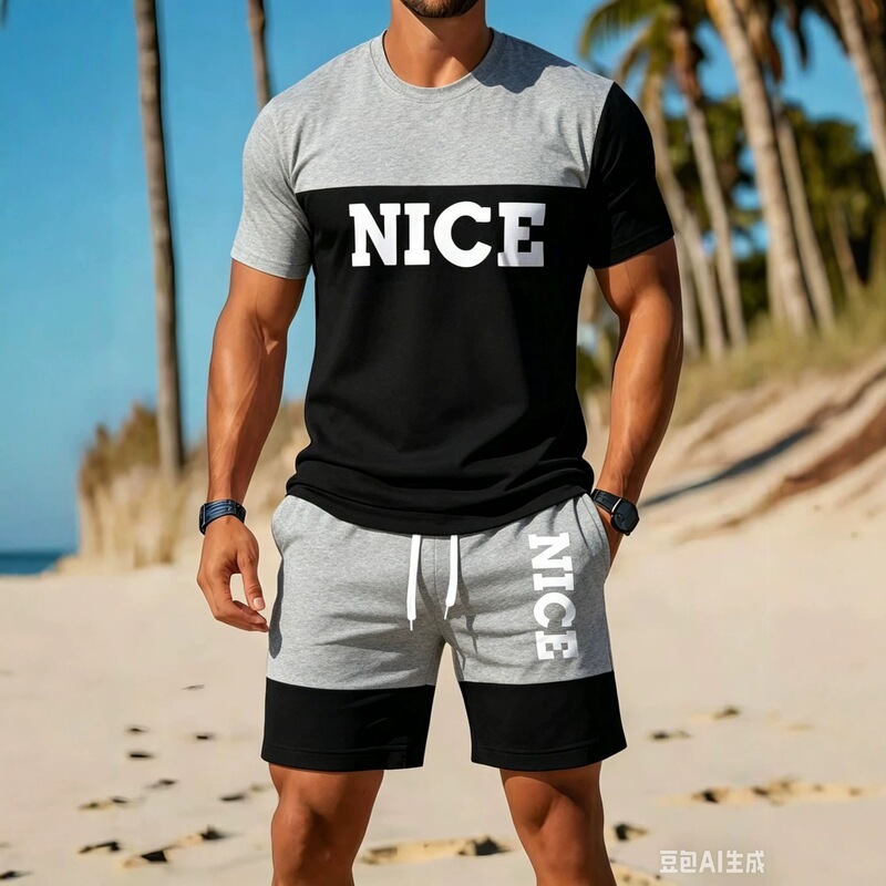Cross-border summer men's gradient outfit with "BALANCE" letter print short-sleeve T-shirt and shorts casual sports set