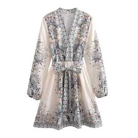 欧美外贸女装新款长袖V领竹节仿麻定位印花连衣裙  6368