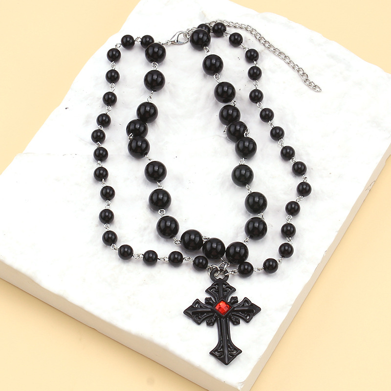Collier avec pendentif en forme de croix et de perles pour Halloween, style punk hip-hop, personnalité sombre_voghion.com