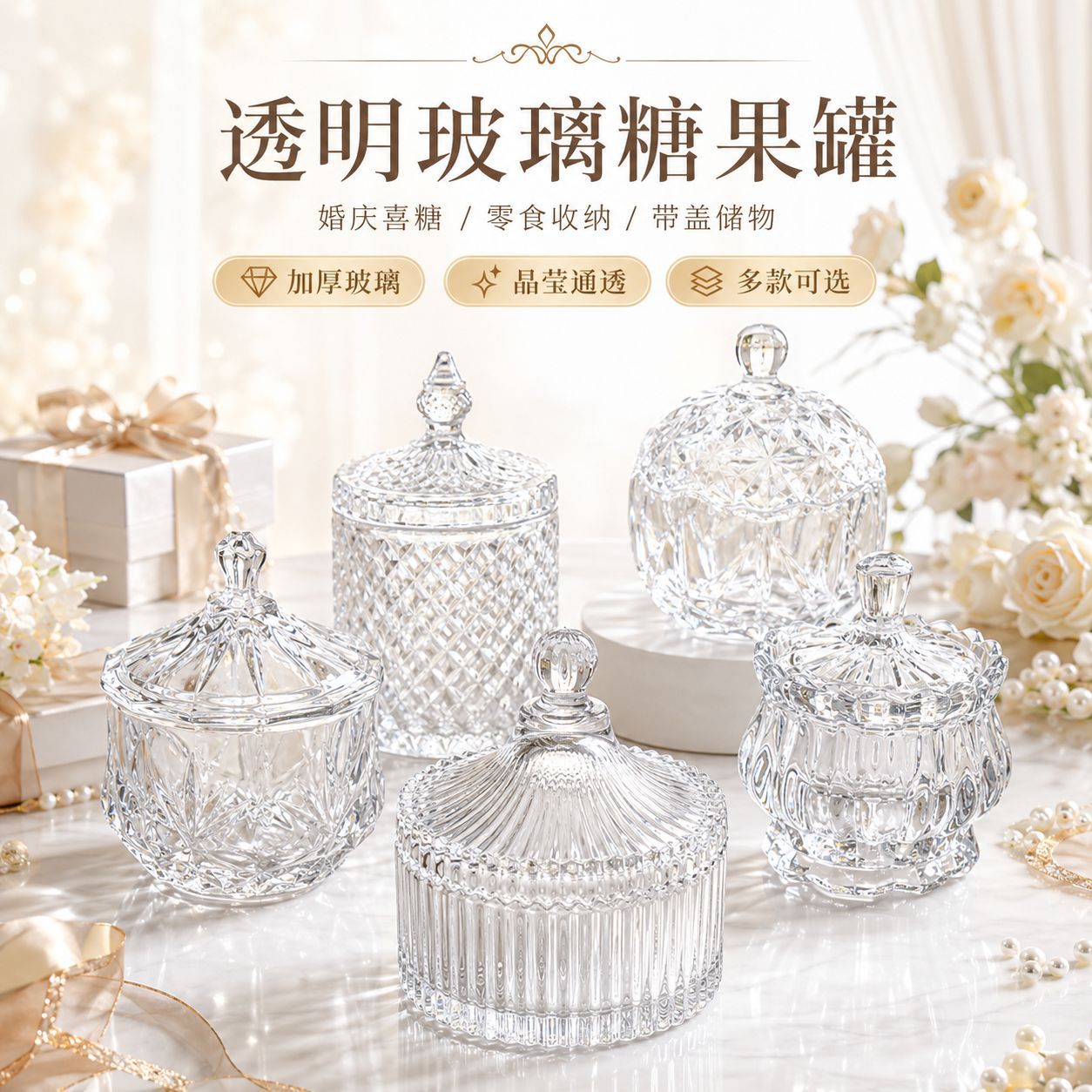 Wedding supplies transparent glass candy jar with lid Crystal storage jar candy candy jar candy cube candy snack jar