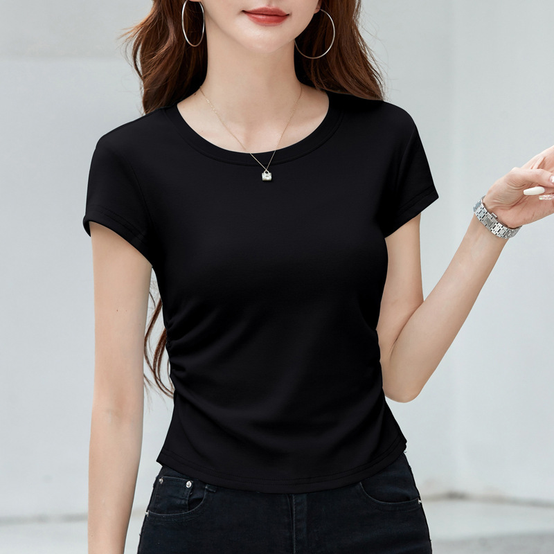 無地右肩カジュアル半袖デザインニッチガールホットガール夏小プリーツウエストTシャツ|undefined