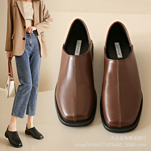 Single-layer women's 2025 new women's shoes autumn Korean square toe small leather shoes women's two-wear slip-on shoes wholesale foreign trade large size