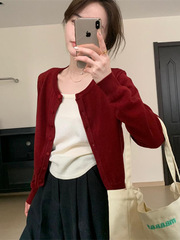 春秋季薄款小个子外搭长袖针织开衫上衣早秋chic红色毛衣短外套女