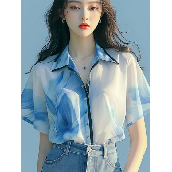 French Design Sense Niche Fashion Western Style Age-reducing Temperament High-end Sense Blue Printed Short-sleeved Chiffon Shirt for Summer
