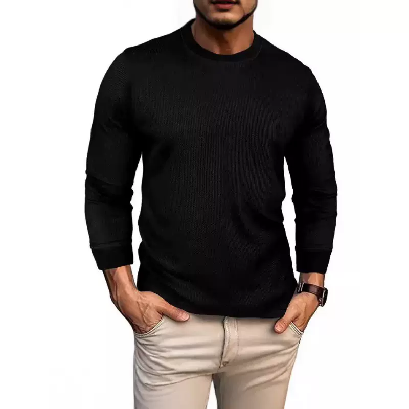 外贸跨境男装T恤2023秋冬圆领长袖t恤 欧美男士卫衣华夫格基础款