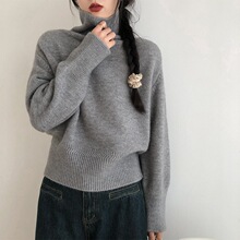 高级感灰色毛衣女堆堆领叠穿内搭针织衫春装秋冬时髦高领打底上衣