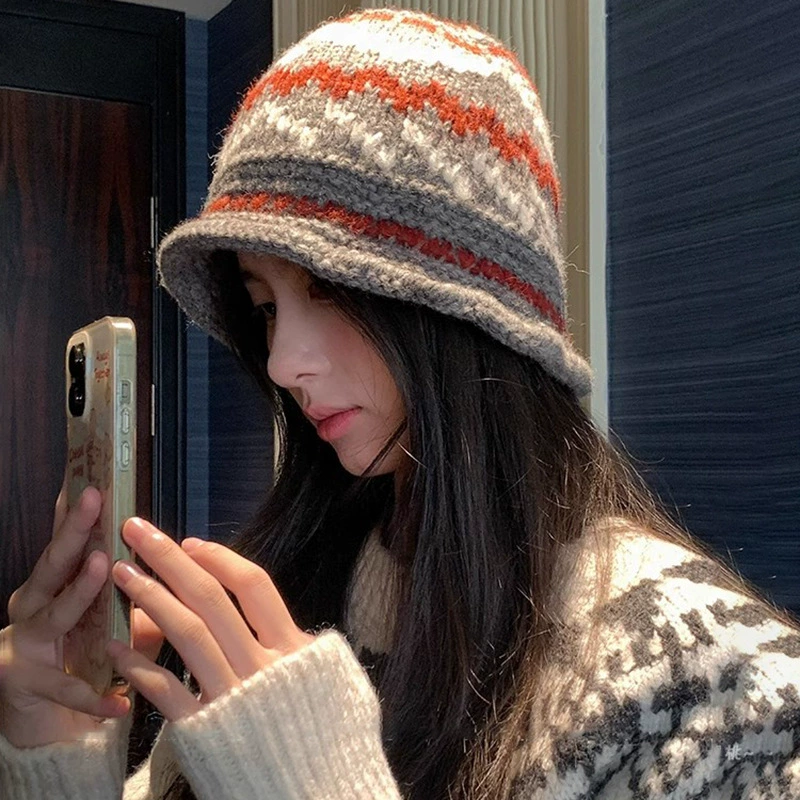 Жаккардовая шапка Fair Isle вязаная для женщин, зимняя утолщённая тёплая шерстяная шапка, показывает лицо, маленькая рыбачья шапка с защитой ушей от холода