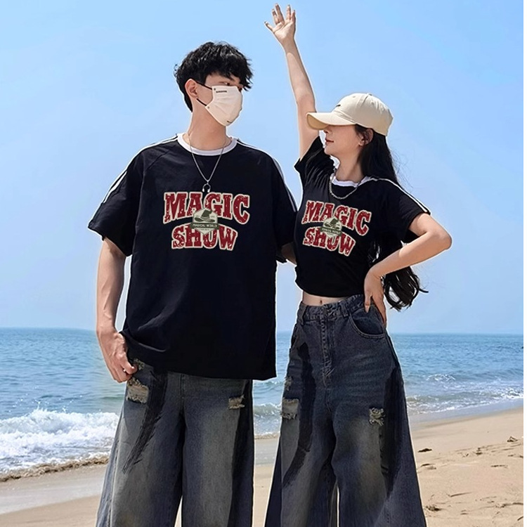 High-End Super Popular Ins Different Couple Outfits Three-Stripe Short-Sleeved T-Shirts One Long and One Short 2025 New Summer High-End Super Popular Ins Different Couple Outfits Three-Stripe Short-Sleeved T-Shirts One Long and One Short 2025 New Summer