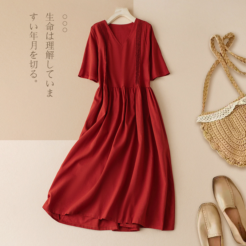 实拍2023千夏季新款棉麻文艺复古领短袖中长款连衣裙女8288
