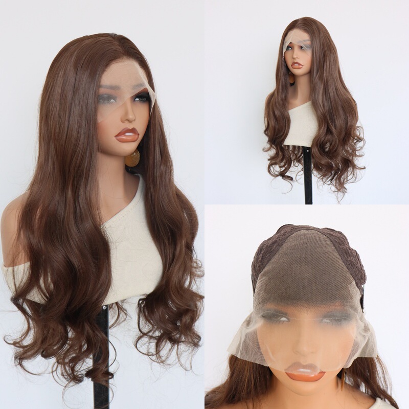 Cross-Border European and American 13*4 Lace Wig Chocolate Brown Lace Long Curly Hair Synthetic Fiber Full Head Wig
