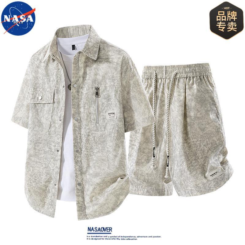 NASA Brand Men's New Arrival plus size Summer Tie-Dye Shorts suit Ice Sense Casual High Quality Shirt Two-Piece Set
