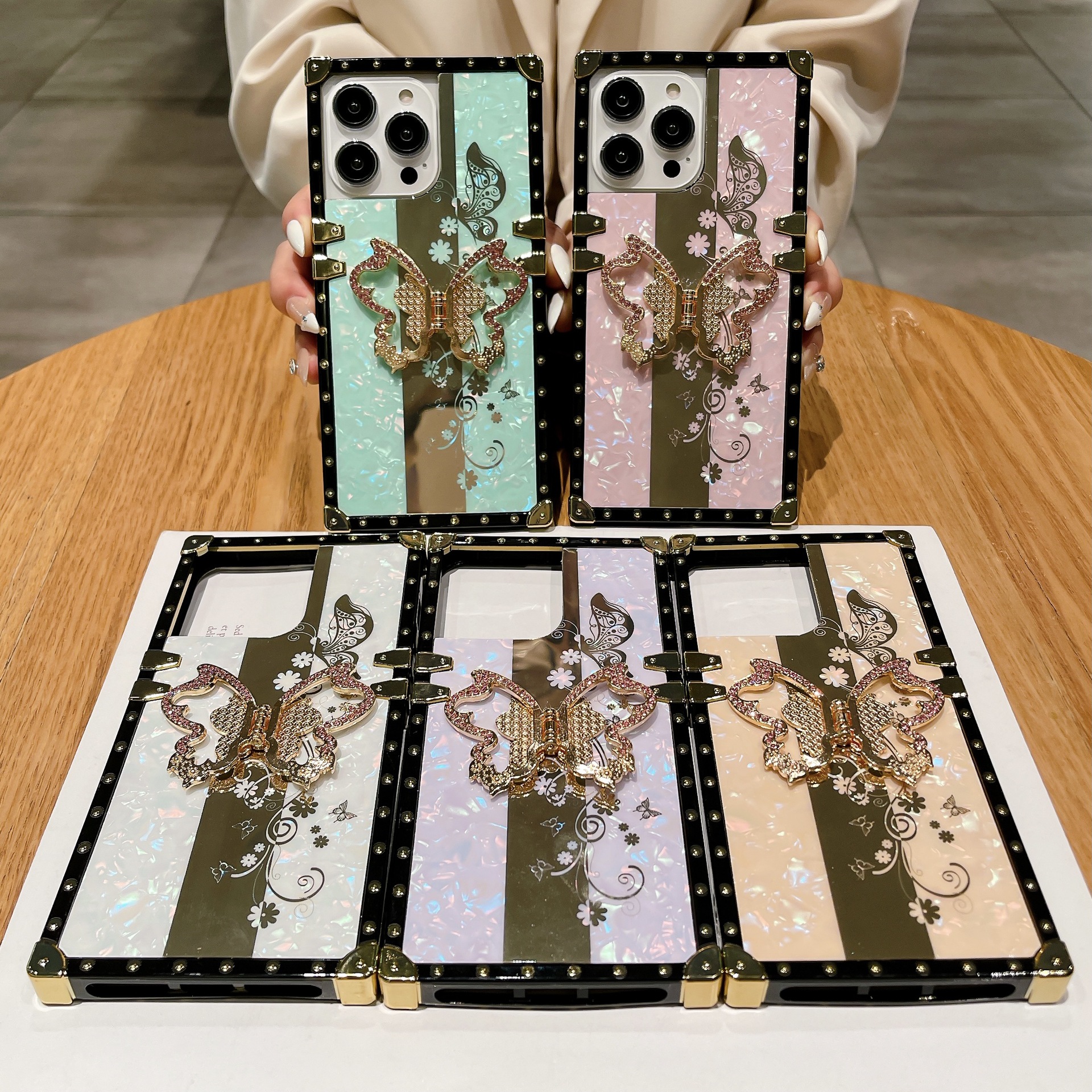 Suitable for iPhone 15 Promax Shell Pattern Butterfly Holder Phone Case Apple 14 Samsung S24U Trendy Women's Edition_voghion.com