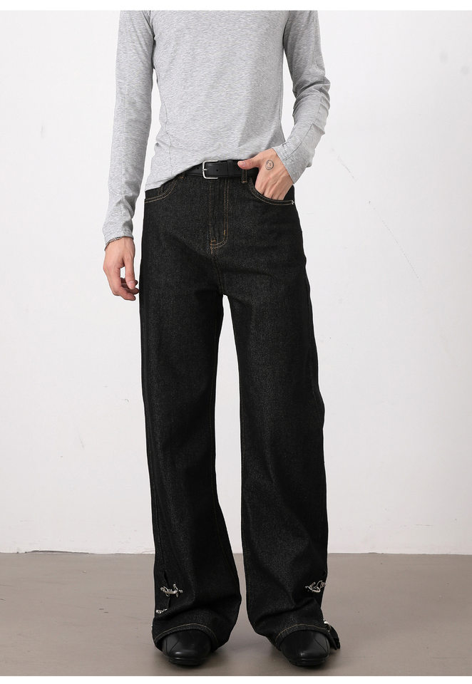 Quần jeans nam ống loe nhẹ denim thô đen, cạp vừa, dáng cơ bản, dài quần — Denim đen chi tiết 10