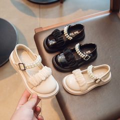 Girls' small leather shoes 2024 spring and autumn new style little girls solid color Pearl Princess performance shoes small, medium and large children's leather shoes
