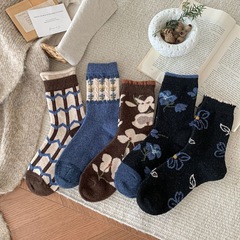 远润家冬季暖绒袜秋冬复古碎花堆堆袜子女花边中筒日系学院ins保