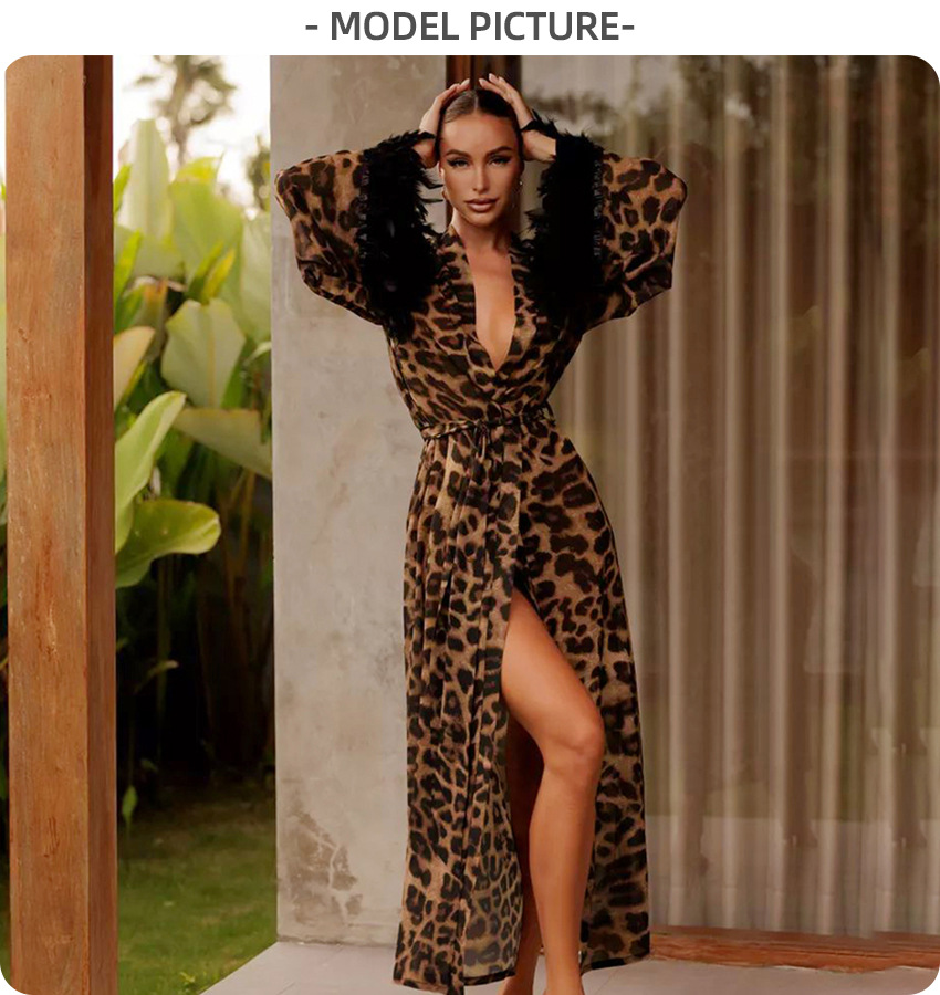 Luxury Feather-Trimmed Robe With Leopard Print – Soft Polyester Loungewear For Women, Versatile Sleepwear & Cover-Up_voghion.com