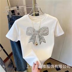 ヨーロッパとアメリカの夏の新しい女性のクロスボーダー外国貿易ファッションカジュアル通勤ルーズラウンドネックリボンプリントTシャツショート