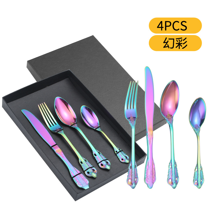 Amazon Venta caliente 18/8 vajilla de acero inoxidable cuatro piezas traje creativo corte cinco piezas principales cuchillo, tenedor y cuchara traje caja de regalo