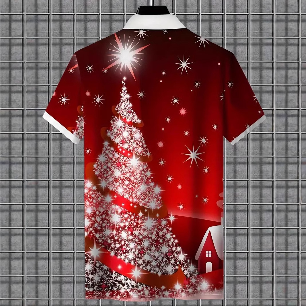 Venta caliente brillante árbol de Navidad estampado 3D hombres vacaciones ropa top suelta transpirable manga corta cremallera camisa POLO