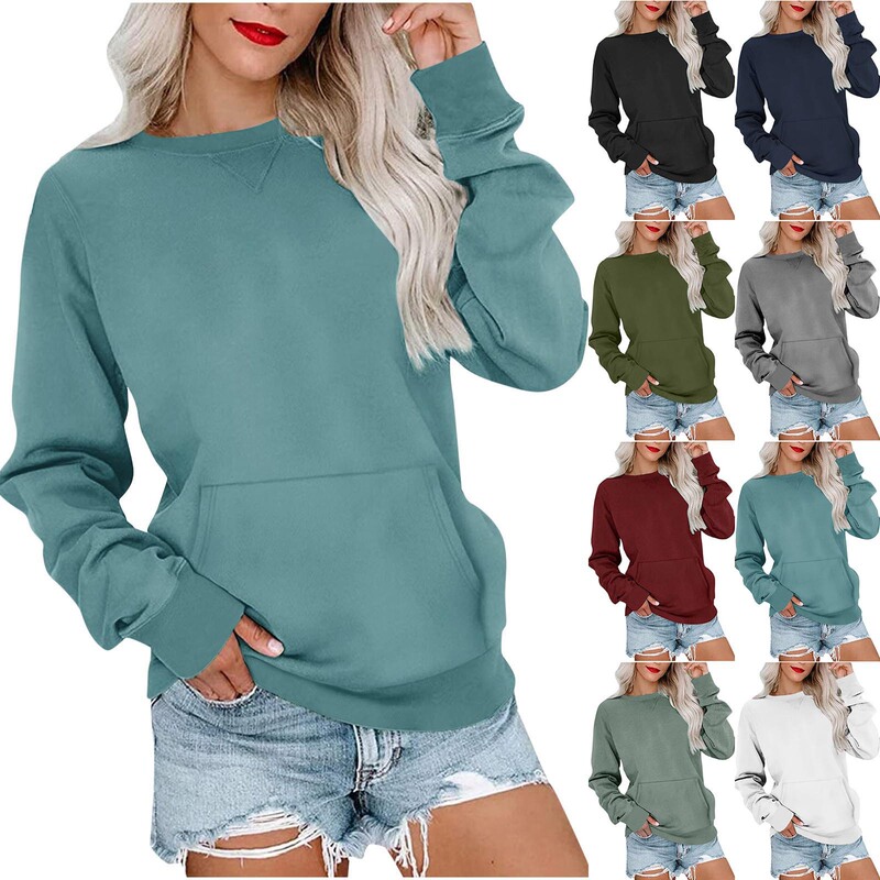 European and American cross-border women's clothing 2023 autumn and winter New Amazon hot selling solid color round neck loose long sleeve women's sweater in stock