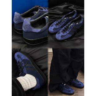 Dark Blue Genuine Leather Retro Moral Training Shoes for Women 2025 New Round Toe Color Matching Lace-Up Casual Sneakers Soft Sole Forrest Gump Shoes