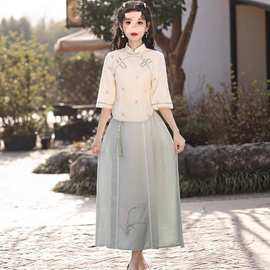 民国风国潮旗袍2024夏新款唐装茶服汉服复古薄款超仙日常两件套装