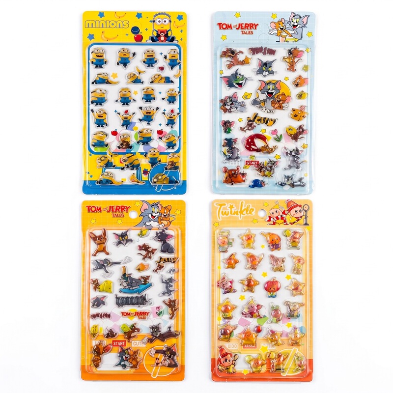 New 3D Stereo Japanese-Style Solid Crystal Resin Embossed Stickers for Children, Featuring Cartoon Characters Like Minions, Tom and Jerry