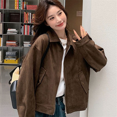 咖色美拉德仿麂皮绒外套女2025秋新款美式复古小个子短款夹克上衣